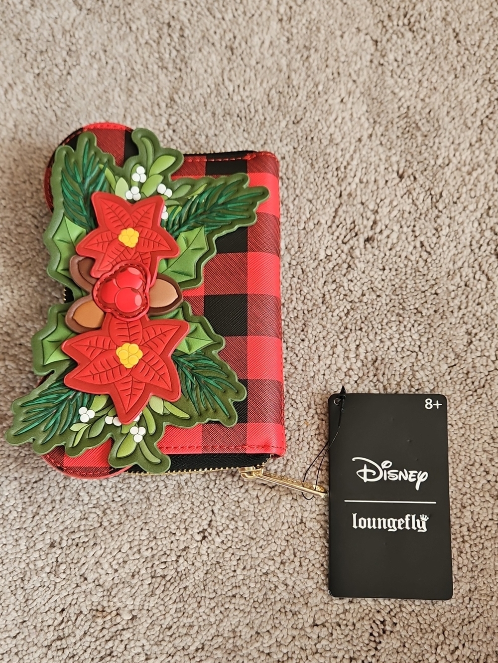 Loungefly Kids Red and Black Buffalo Plaid Poinsettia Zip Wallet